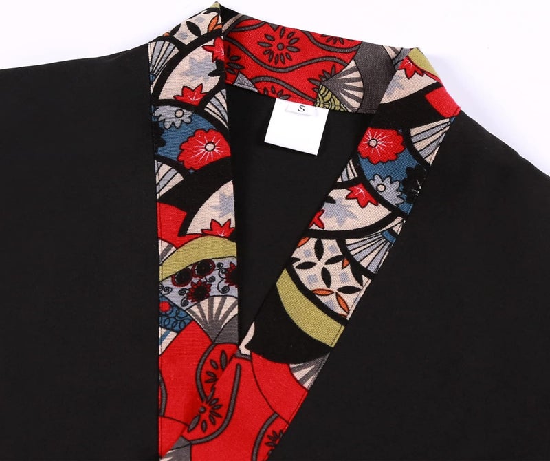 Flammegrill Store Unisex 3/4 Sleeve Black Sushi Chef Coat Kimono Cardigan Japanese Chef Uniform Red Patchwork Printed Chef Jacket - Image 4